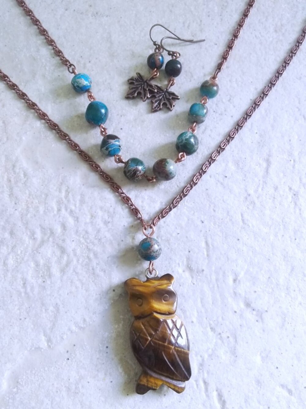 Owl Lovers!!! Layered ForestCore Necklace Set: Tigereye Owl & Maple Leaf Earring